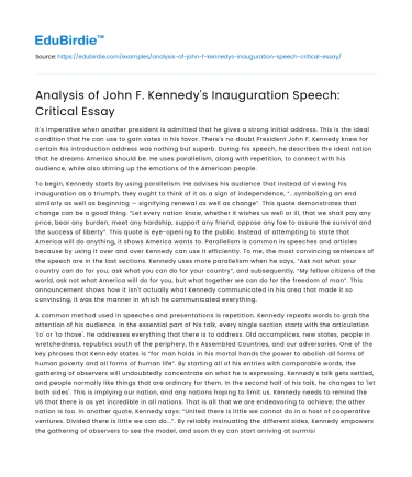Analysis of John F. Kennedy’s Inauguration Speech: Critical Essay