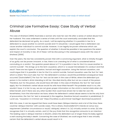 Criminal Law Formative Essay: Case Study of Verbal Abuse