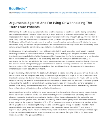 Arguments Against And For Lying Or Withholding The Truth From Patients