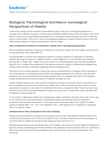 Biological, Psychological and Macro-sociological Perspectives of Obesity