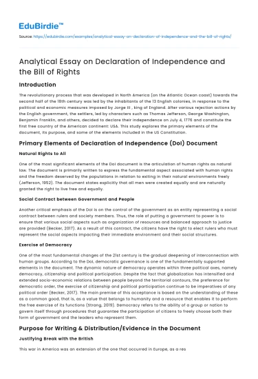 Analytical Essay on Declaration of Independence and the Bill of Rights