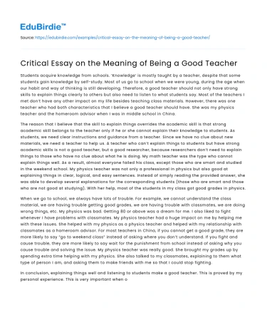 Critical Essay on the Meaning of Being a Good Teacher