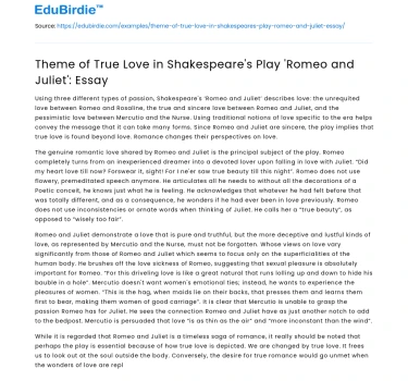 Theme of True Love in Shakespeare’s Play ‘Romeo and Juliet’: Essay
