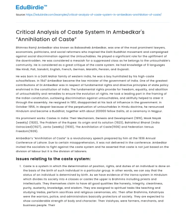 Critical Analysis of Caste System In Ambedkar’s “Annihilation of Caste”