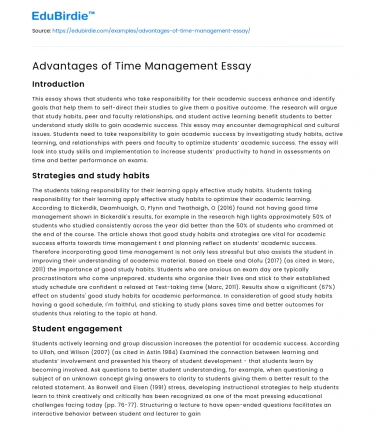 Advantages of Time Management Essay