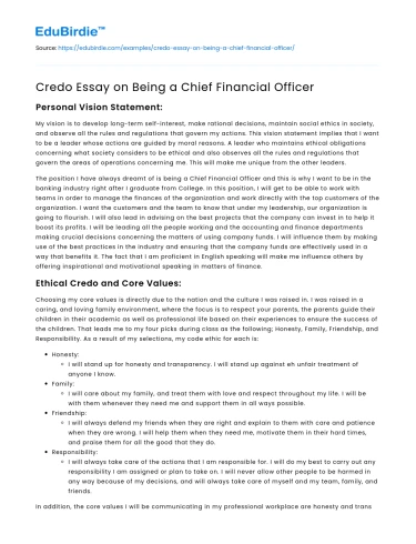 Credo Essay on Being a Chief Financial Officer