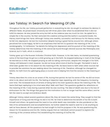 Leo Tolstoy: In Search For Meaning Of Life