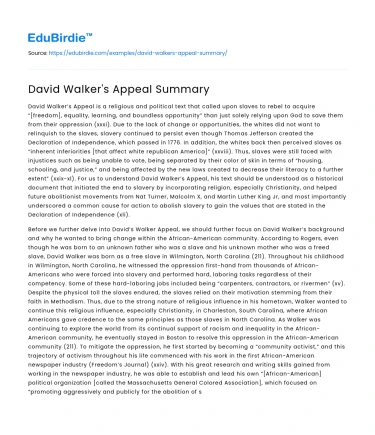 David Walker’s Appeal Summary