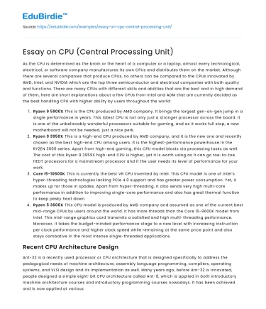 Essay on CPU (Central Processing Unit)