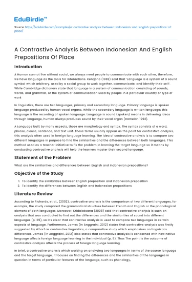 Comparison of Indonesian and English Prepositions of Place