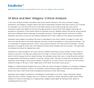 Of Mice and Men’ Allegory: Critical Analysis