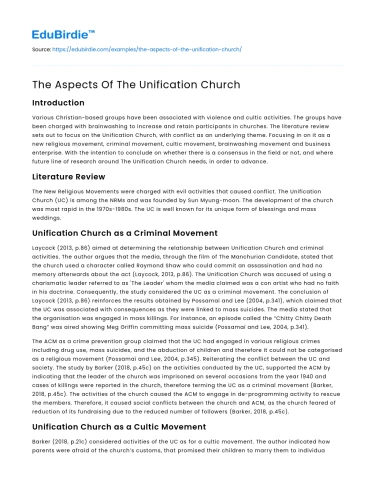 The Aspects Of The Unification Church