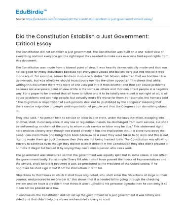 Did the Constitution Establish a Just Government: Critical Essay
