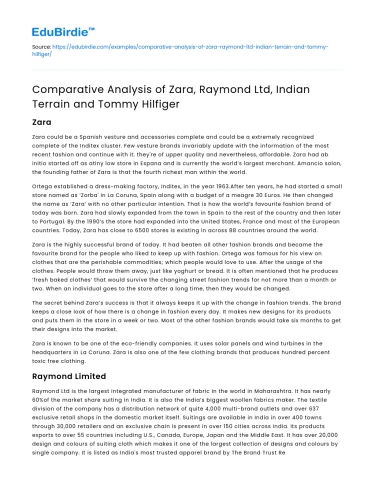 Comparison of Zara, Raymond, Indian Terrain, Tommy Hilfiger