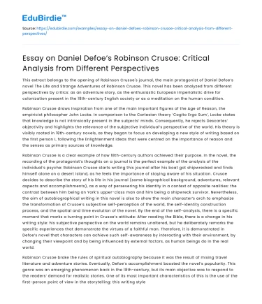 Critical Analysis of Robinson Crusoe from Various Perspectives