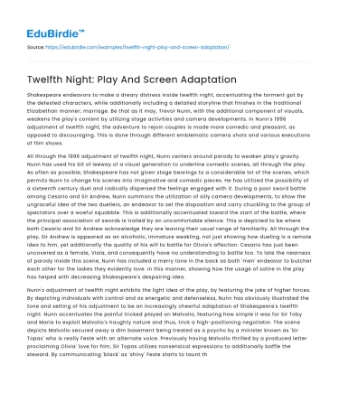 Twelfth Night: Play And Screen Adaptation
