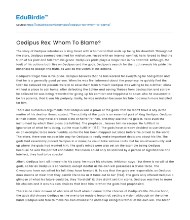 Oedipus Rex: Whom To Blame?