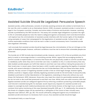 Assisted Suicide Should Be Legalized: Persuasive Speech