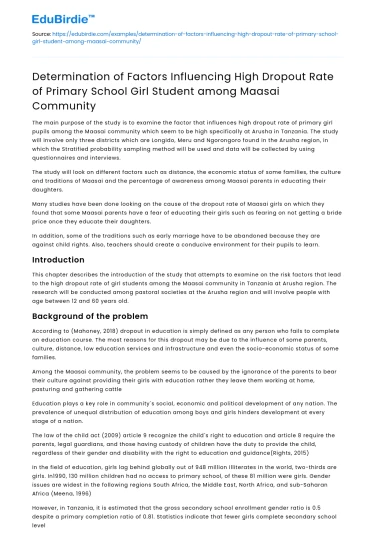 Factors Influencing Dropout of Maasai Primary Girls
