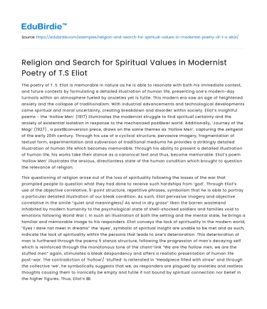 Religion and Search for Spiritual Values in Modernist Poetry of T.S Eliot