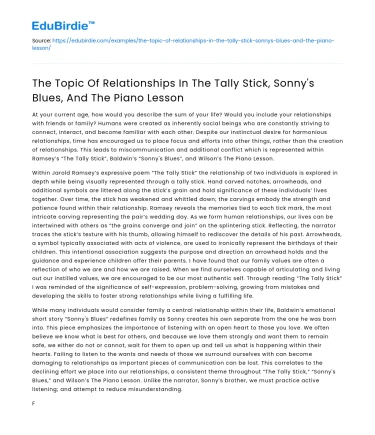 Relationships in The Tally Stick, Sonny’s Blues, & The Piano Lesson