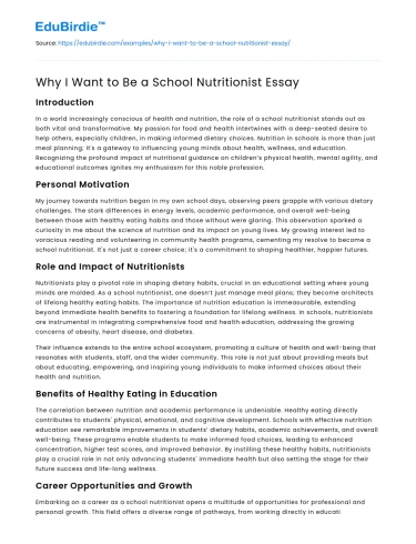 Why I Want to Be a School Nutritionist Essay