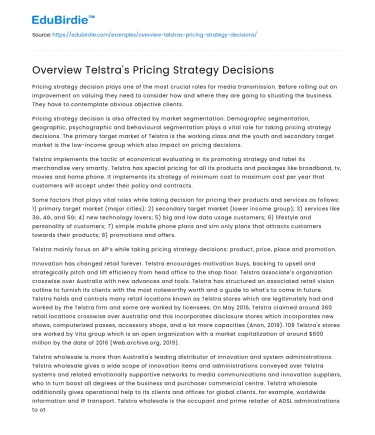 Overview Telstra’s Pricing Strategy Decisions