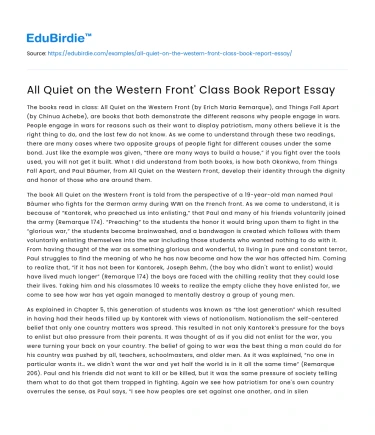All Quiet on the Western Front’ Class Book Report Essay