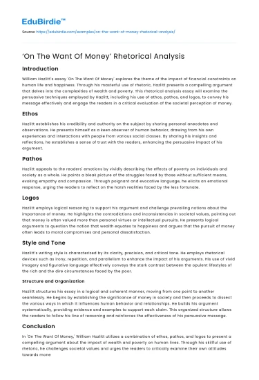 ‘On The Want Of Money’ Rhetorical Analysis