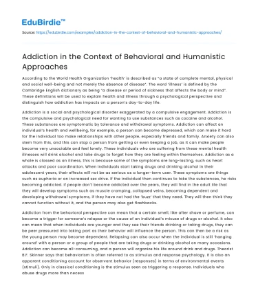 Addiction in the Context of Behavioral and Humanistic Approaches