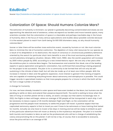 Colonization Of Space: Should Humans Colonize Mars?