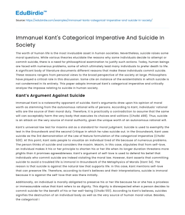 Immanuel Kant’s Categorical Imperative And Suicide In Society