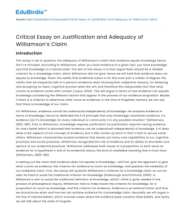 Critical Essay on Justification and Adequacy of Williamson’s Claim