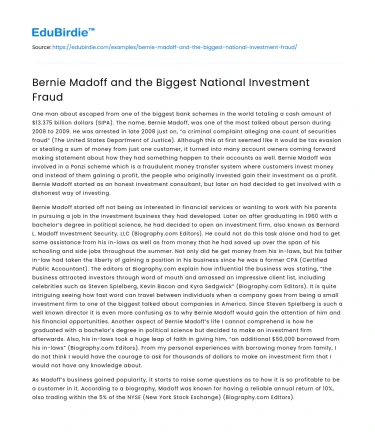 Bernie Madoff and the Biggest National Investment Fraud
