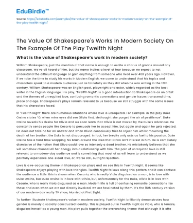 Shakespeare’s Twelfth Night’s Value in Modern Society