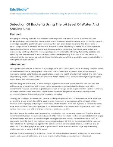 Detection Of Bacteria Using The pH Level Of Water And Arduino Uno