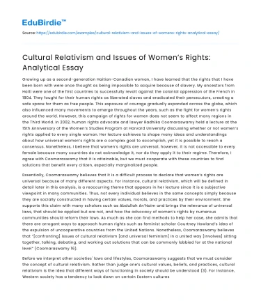 Cultural Relativism and Issues of Women’s Rights: Analytical Essay