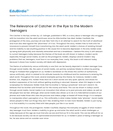 The Relevance of Catcher in the Rye to the Modern Teenagers