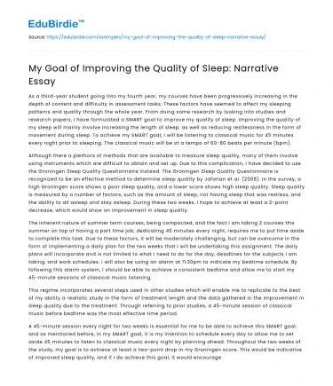 My Goal of Improving the Quality of Sleep: Narrative Essay