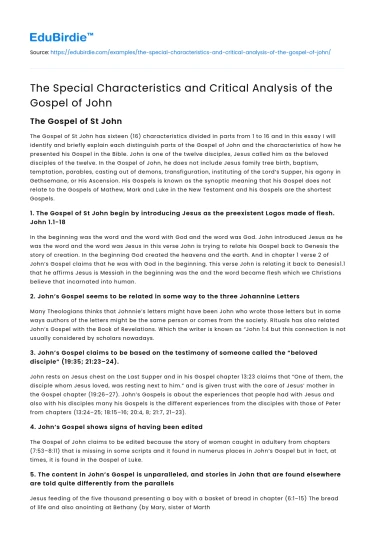 The Special Characteristics and Critical Analysis of the Gospel of John