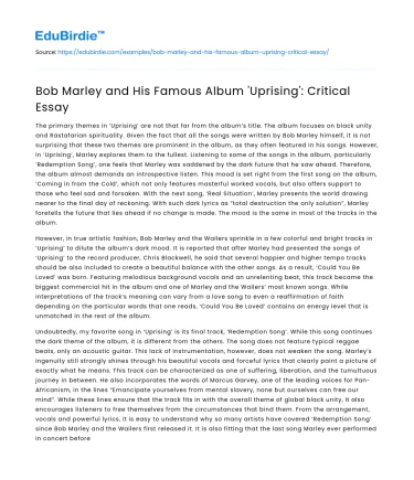 Bob Marley and His Famous Album ‘Uprising’: Critical Essay