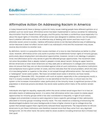 Affirmative Action On Addressing Racism In America