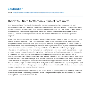 Thank You Note to Woman’s Club of Fort Worth
