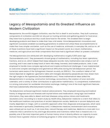 Mesopotamia and Its Greatest Influence on Modern Civilization