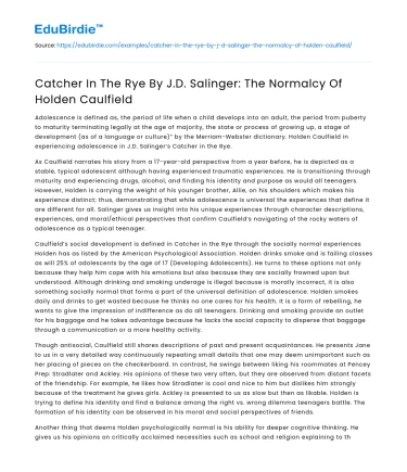 Catcher In The Rye By J.D. Salinger: The Normalcy Of Holden Caulfield