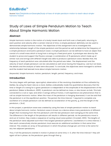 Laws of Simple Pendulum Motion for Teaching Simple Harmonic Motion