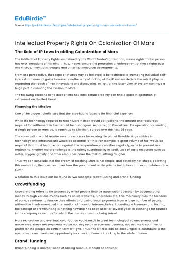 Intellectual Property Rights On Colonization Of Mars