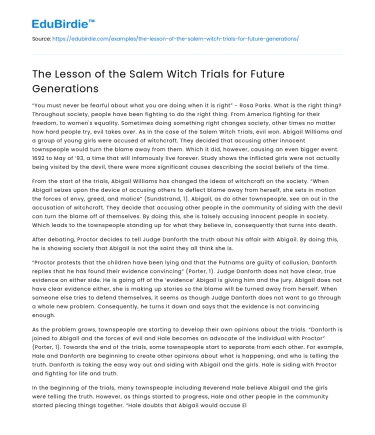The Lesson of the Salem Witch Trials for Future Generations