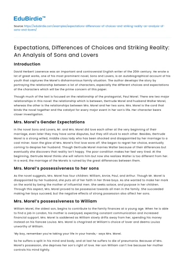 Analysis of Sons and Lovers: Expectations, Choices, Reality
