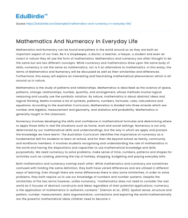 Mathematics And Numeracy In Everyday Life